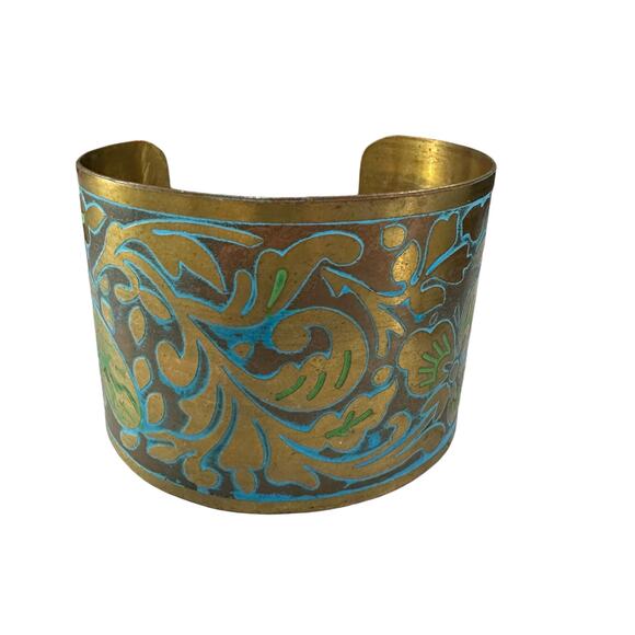 Artisan Gold Tone Floral Engraved Cuff Bracelet Boho Blue Green - Picture 3 of 5